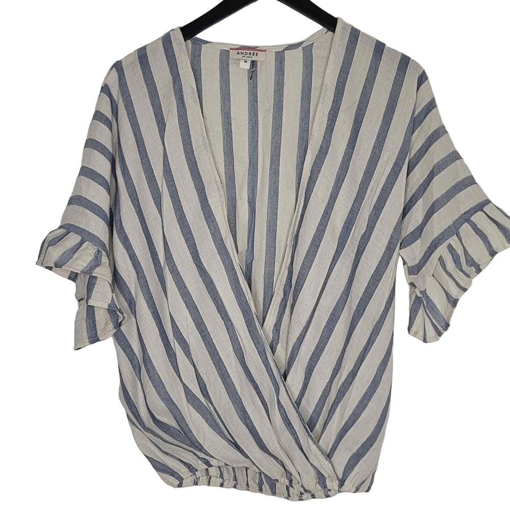 Andree By Unit Surplice Top M White Blue Striped Lightweight Cotton Boho